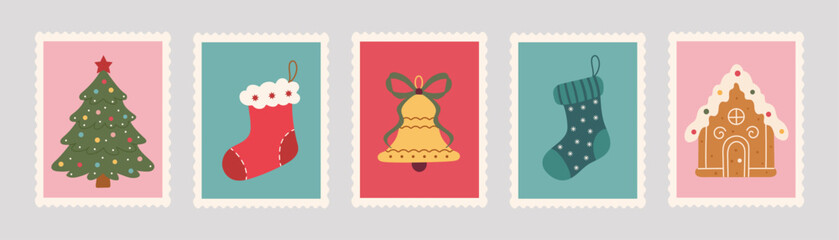 Vintage Christmas postage stamp set:a hand-drawn tree, stockings, bell, bows, a gingerbread house. Soft pink, teal, red hues with scalloped edges evoke a cozy festive vector style. Xmas mail postmark.