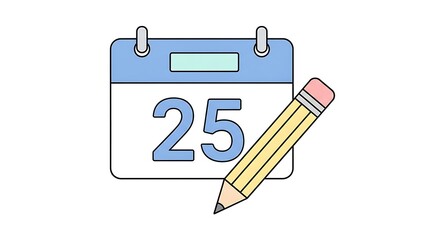 A simple cartoon illustration of a calendar page showing the number 25 next to a yellow pencil with a pink eraser