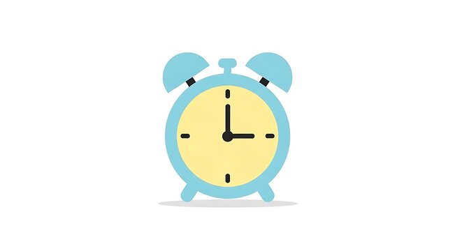 A vintage style light blue alarm clock with a yellow face and black hands showing three o clock on a white background