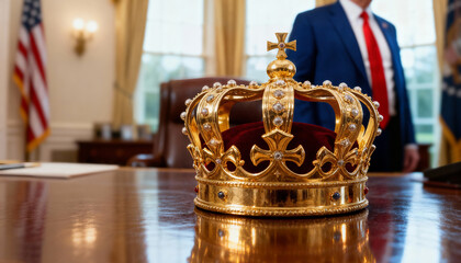 Golden crown on desk inside the oval office with american politician in background. No kings in america concept