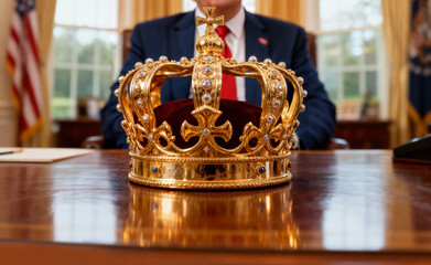 Golden crown on desk inside the oval office with american politician in background. No kings in america concept