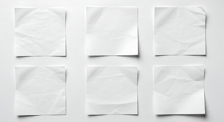 Collection of crumpled white paper sheets isolated on cream beige background