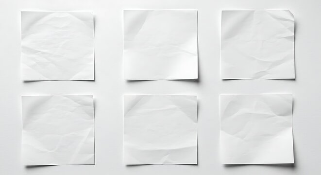 Collection of crumpled white paper sheets isolated on cream beige background