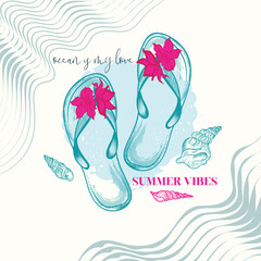 Fashion apparel vector print with summer flip flops and shells, ocean vibes