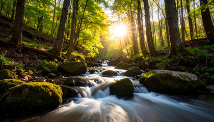 Fototapeta premium Sunlit stream flowing through forest landscape with lush trees and rocks