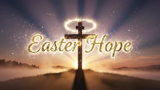 Glowing Easter Hope text with sunrise behind a Christian cross and halo, symbolizing resurrection, faith, renewal, and spiritual inspiration.
