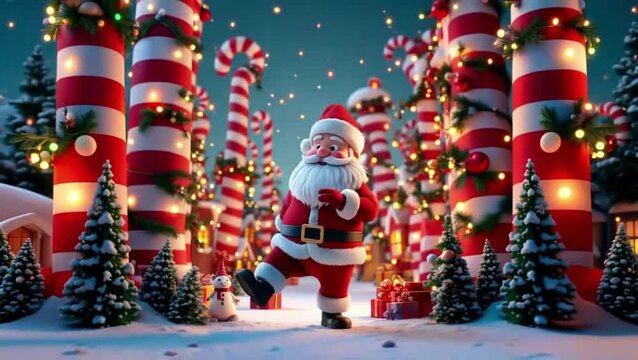 Santa Claus dancing with in Colorful Christmas Village Surrounded by Gifts  and Candy Cane