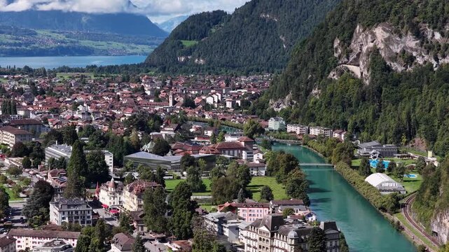 view of aare river in interlaken switzerland