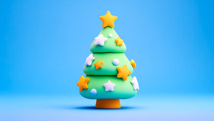 Cute Christmas tree with stars and snow on blue background.