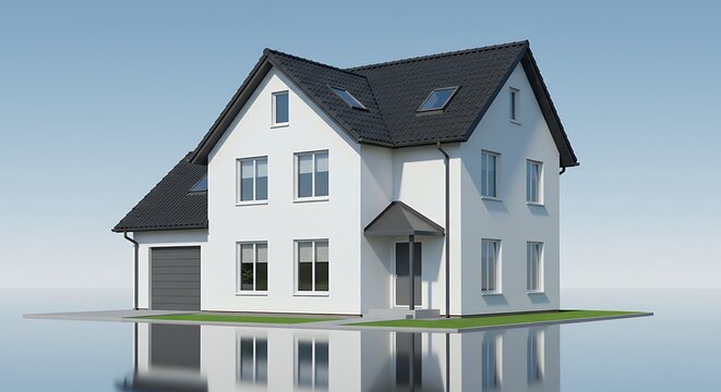 Modern white house with dark roof isolated on sky blue background