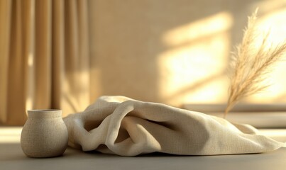 Soft woven linen fabric in neutral tones neatly folded on a clean surface, warm ambient light, detailed texture, cozy and minimalist home decor concept,