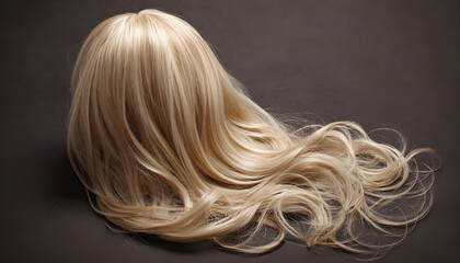 Naklejka premium Blonde synthetic hairpiece for women against a dark backdrop