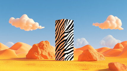 Zebra-striped platform in surreal yellow desert landscape.