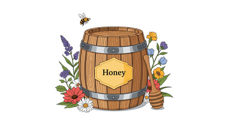 A delightful illustration of a wooden honey barrel surrounded by colorful wildflowers, a buzzing bee, and a traditional honey dipper.