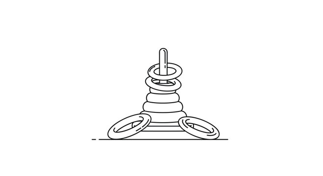 A minimalist line art illustration showing a classic ring toss game setup, with rings stacked on a central peg and additional rings on the ground.