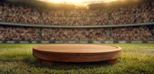 Fototapeta premium Wooden podium on a green football field in a stadium at sunset.