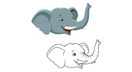 Fototapeta premium Cheerful cartoon elephant head with a raised trunk, presented in color and as a black and white outline drawing.