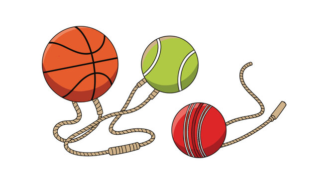 Three sports balls, a basketball, a tennis ball, and a cricket ball, each attached to a rope, suggesting a fun training aid or toy for children.