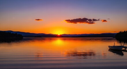 Obraz premium Peaceful lake at sunset with a boat docked at the pier.