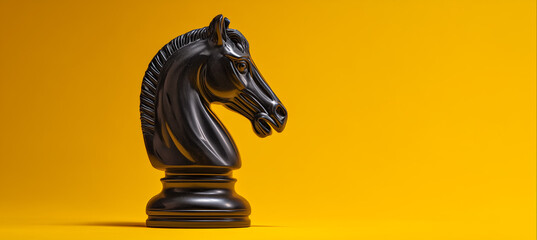 Black chess knight piece on yellow background, minimal composition.