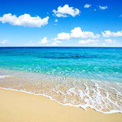Obraz premium Ocean beach horizon landscape with clear blue sky and white clouds scenery