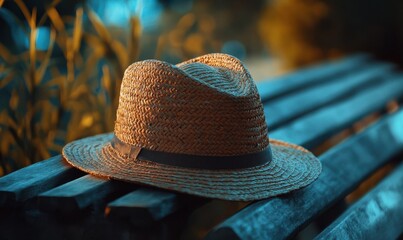 Stylish straw hat placed on a rustic wooden bench, soft warm light highlighting the woven texture, cozy and casual outdoor fashion accessory concept, sharp detail,