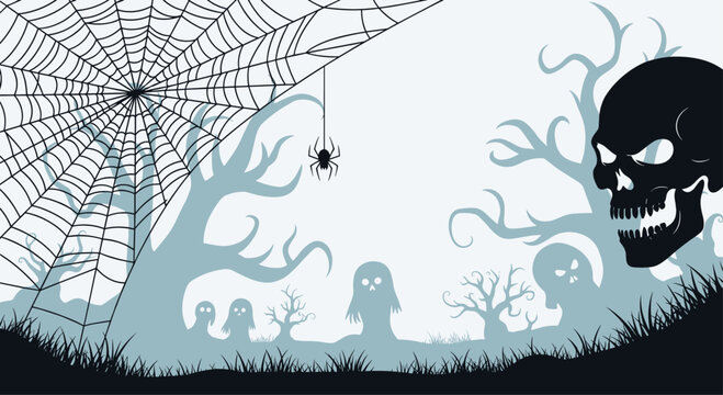 A spooky Halloween background illustration featuring a spiderweb, spider, creepy trees, ghosts, and a large skull.