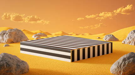 Zebra-striped platform in surreal yellow desert landscape.