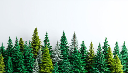 Fototapeta premium Row of green pine trees on a light background.