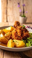 Crispy chicken and roasted potatoes on a plate with green garnishes
