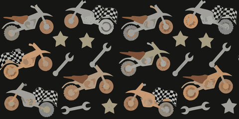 Seamless pattern of dirt bikes with checkered flags and wrenches on a black background