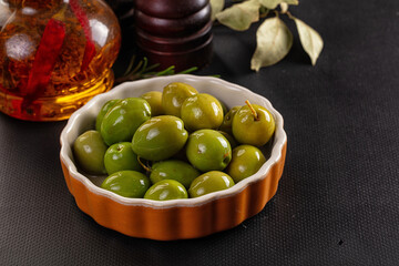 Marinated pickled green olives snack