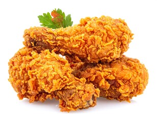 Crispy fried chicken drumsticks stacked with parsley garnish against white