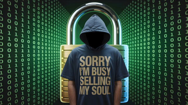 Mysterious hooded figure with 'sorry i'm busy selling my soul' shirt and digital lock