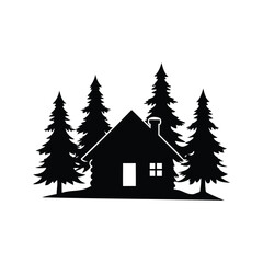 Obraz premium Silhouette of a cozy cabin surrounded by tall evergreen trees, forest cabin silhouette vector illustration