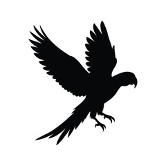 Obraz premium Detailed silhouette of a parrot flying with wings spread wide open, descending, parrot flying silhouette vector illustration