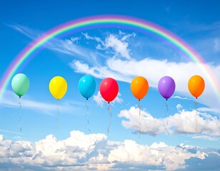 Colorful balloons floating in a blue sky beneath a vibrant rainbow