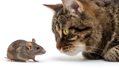 Obraz premium Cat looking at rat on white background