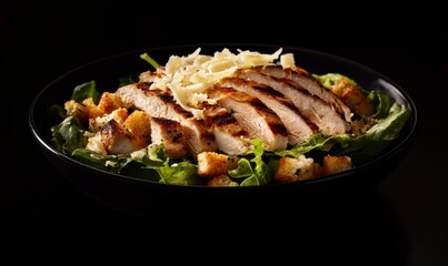 Vibrant Caesar salad topped with grilled chicken, Parmesan shavings, and croutons, bright natural light enhancing the fresh ingredients