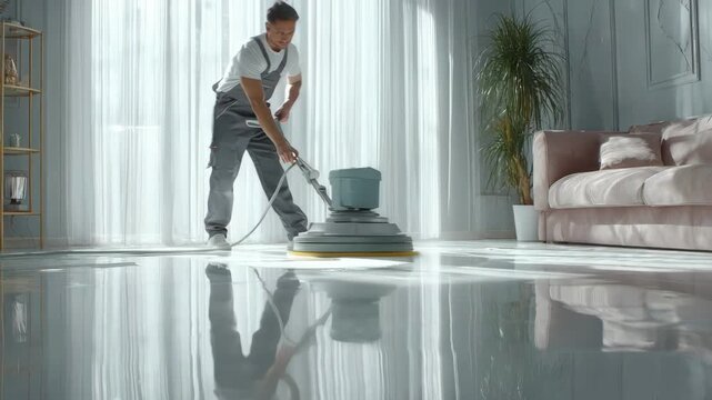 Medium shot of a janitor applying wax on linoleum flooring using a rotary floor buffer creating a glossy protected surface in a bright room.