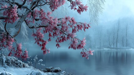 Fototapeta premium Fantasy winter scene with pink cherry blossoms and snow