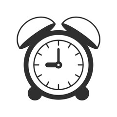 Minimalist black and white vector image of an alarm clock. Simple, clean design suitable for time, deadline, or schedule-related graphics and icons.