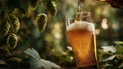 Golden craft beer being poured near fresh hanging hop cones