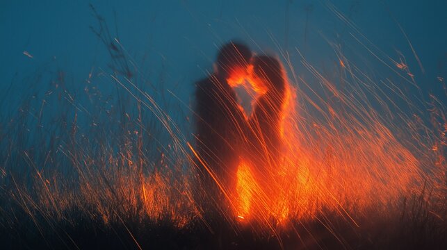 A blurred couple embraces, surrounded by long grass brilliantly illuminated by a warm, fiery light