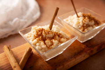 Rice pudding. Dessert made by cooking rice in milk and sugar, some recipes include cinnamon, vanilla or other ingredients, it is a very easy dessert to make and very popular all over the world.