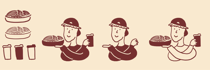 Cute doodle-style vector illustration of a delivery person holding a bowl of noodles and a drink. Includes multiple poses and separate food and drink elements. Created with simple
