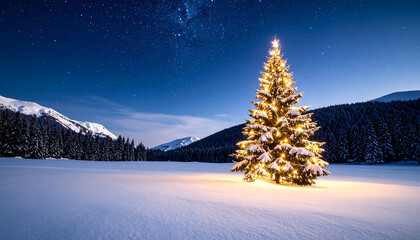 Lit christmas tree in snowy landscape under starry night sky