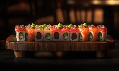 Vibrant display of assorted sushi rolls neatly arranged on a ceramic platter with wasabi and soy sauce, soft ambient light enhancing the rich colors, clean gourmet presentation
