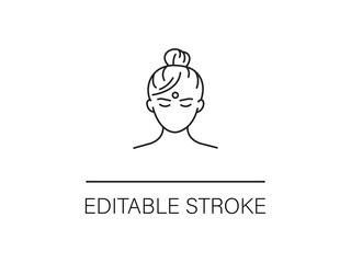 Minimalist line art of a woman meditating with a bindi, editable stroke adds versatility for holistic health and wellness themes.