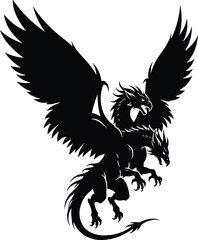 Majestic black silhouette of a ferocious three headed dragon with spreading wings
